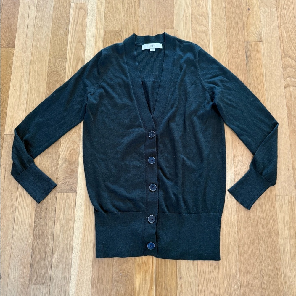 LOFT V-Neck Preppy Academia Cardigan Sweater M Deep Forest Green Wool Blend - Picture 4 of 8